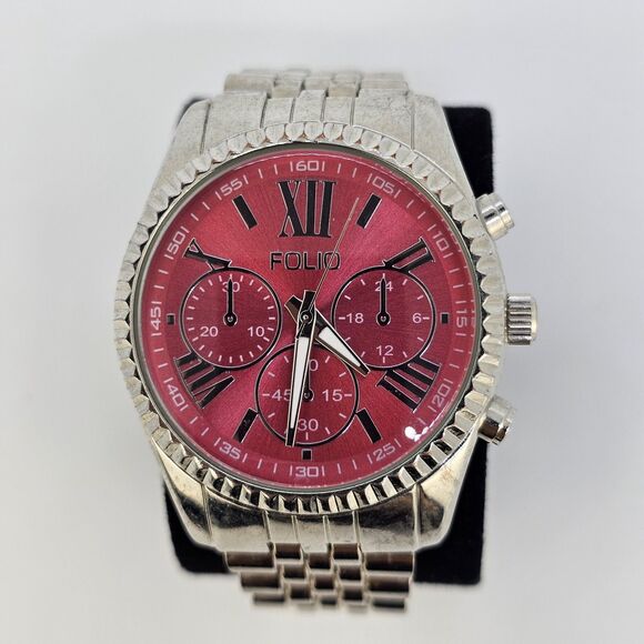 Folio Women's Watch 38MM Dark Pink Dial Gray Bracelet Band 5.5" New Battery - Picture 1 of 13